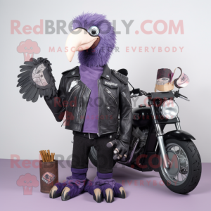 Lavender Vulture mascot costume character dressed with a Biker Jacket and Wallets