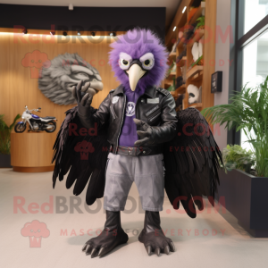 Lavender Vulture mascot costume character dressed with a Biker Jacket and Wallets