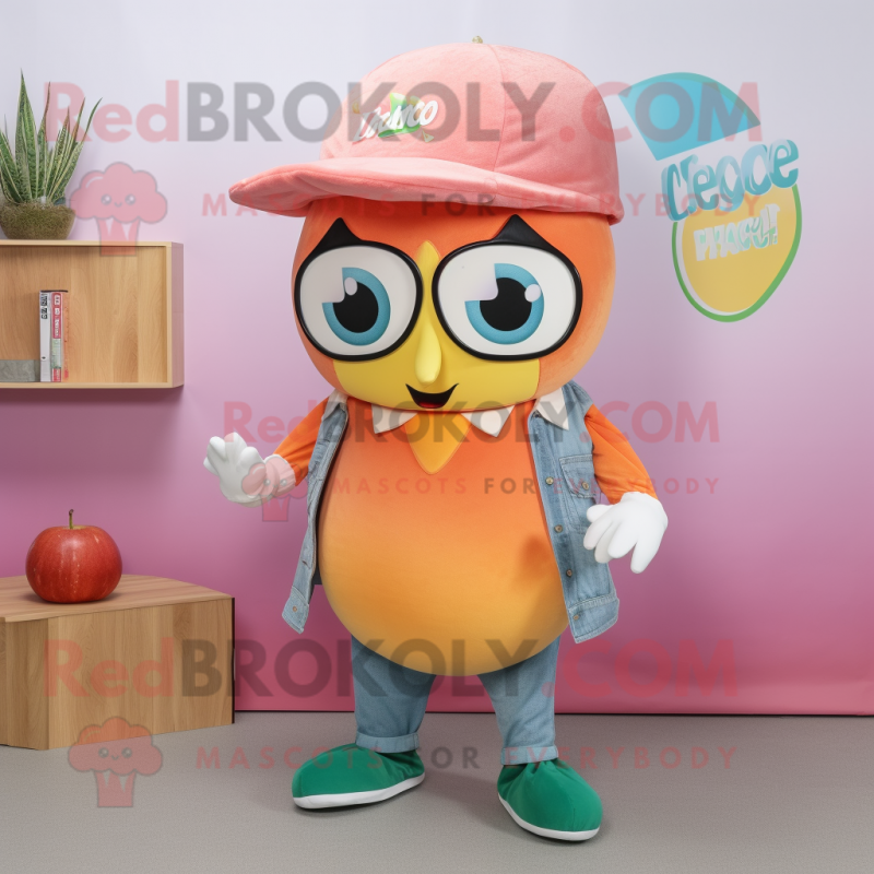 Peach Ceviche mascot costume character dressed with a Jeans and Shawl pins Peach Ceviche mascot costume character dressed with a Jeans and Shawl pins