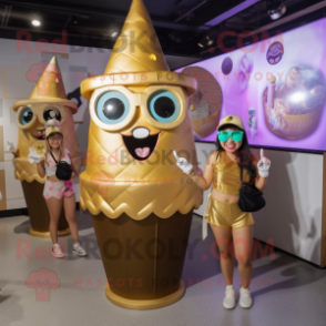 Gold Ice Cream Cone mascot costume character dressed with a Bikini and Coin purses