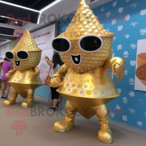Gold Ice Cream Cone mascot costume character dressed with a Bikini and Coin purses