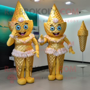 Gold Ice Cream Cone mascot costume character dressed with a Bikini and Coin purses