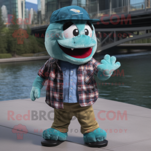 Teal Piranha mascot costume character dressed with a Flannel Shirt and Berets