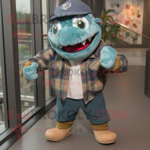 Teal Piranha mascot costume character dressed with a Flannel Shirt and Berets