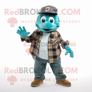 Teal Piranha mascot costume character dressed with a Flannel Shirt and Berets