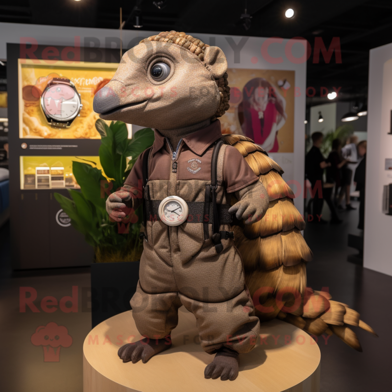 Brown Pangolin mascot costume character dressed with a Cargo Pants and Smartwatches