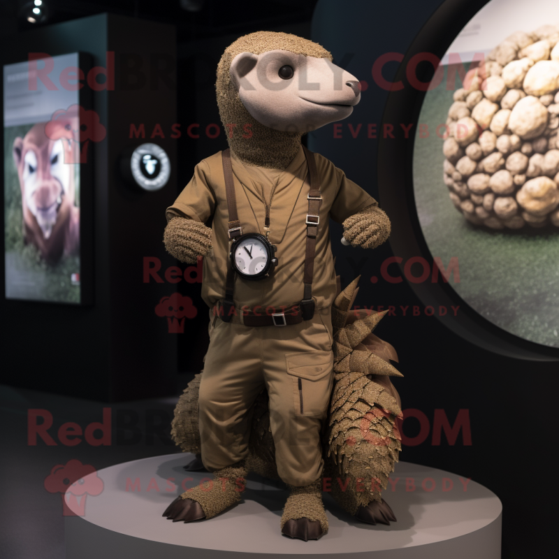 Brown Pangolin mascot costume character dressed with a Cargo Pants and Smartwatches Brown Pangolin mascot costume character dressed with a Cargo Pants and Smartwatches