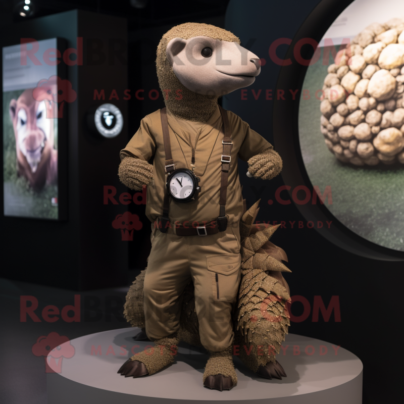 Brown Pangolin mascot costume character dressed with a Cargo Pants and Smartwatches