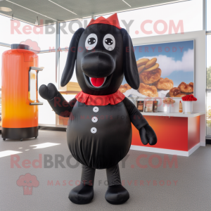 Black Hot Dog mascot costume character dressed with a Blouse and Cufflinks