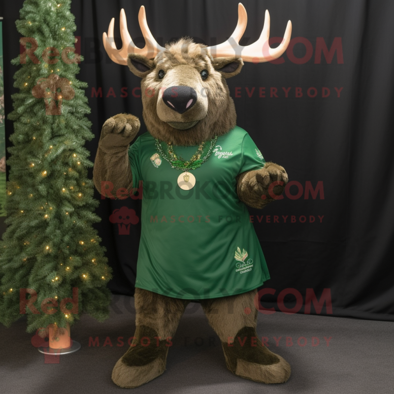 Forest Green Elk mascot costume character dressed with a Shift Dress and Rings Forest Green Elk mascot costume character dressed with a Shift Dress and Rings