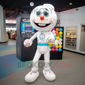 White Gumball Machine mascot costume character dressed with a Joggers and Ties