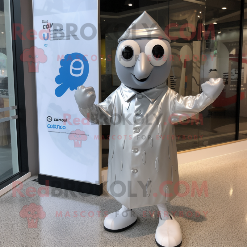 Silver Aglet mascot costume character dressed with a Raincoat and Cufflinks Silver Aglet mascot costume character dressed with a Raincoat and Cufflinks