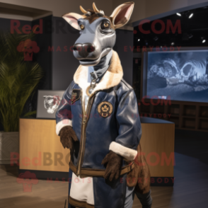 Navy Okapi mascot costume character dressed with a Leather Jacket and Shawl pins