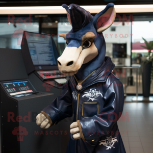 Navy Okapi mascot costume character dressed with a Leather Jacket and Shawl pins
