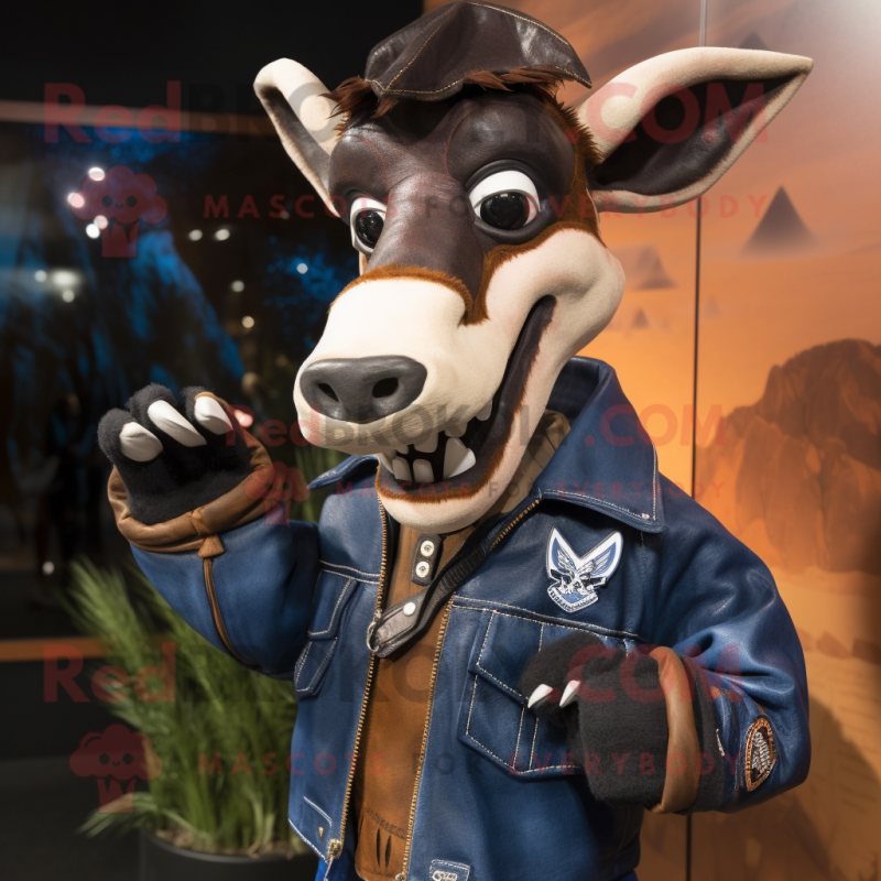 Navy Okapi mascot costume character dressed with a Leather Jacket and Shawl pins