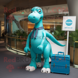 Cyan Diplodocus mascot costume character dressed with a Playsuit and Briefcases