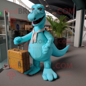 Cyan Diplodocus mascot costume character dressed with a Playsuit and Briefcases