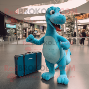 Cyan Diplodocus mascot costume character dressed with a Playsuit and Briefcases