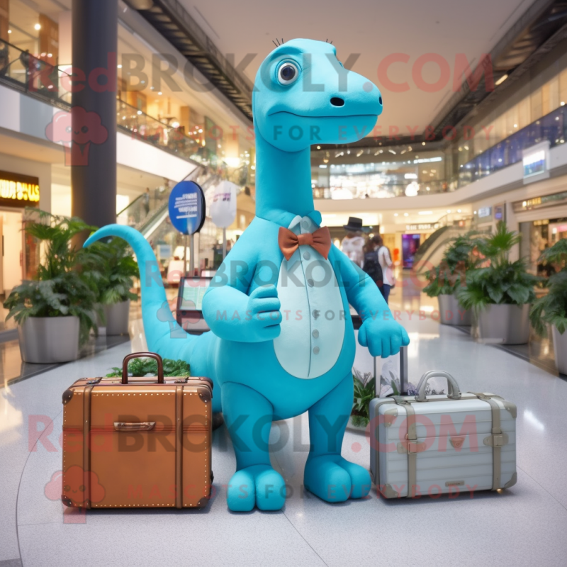 Cyan Diplodocus mascot costume character dressed with a Playsuit and Briefcases