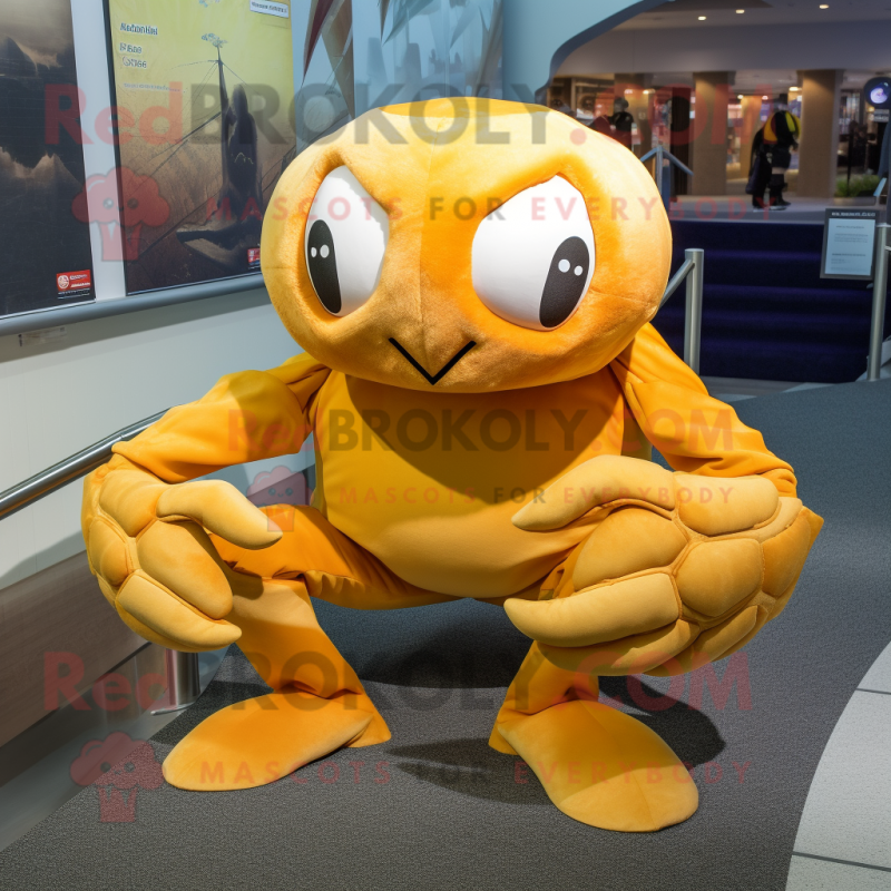 Gold Crab mascot costume character dressed with a Dress Shirt and Mittens