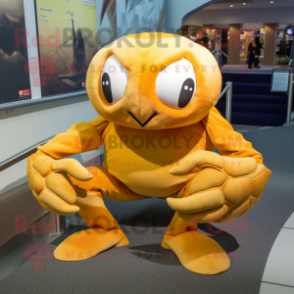 Gold Crab mascot costume character dressed with a Dress Shirt and Mittens