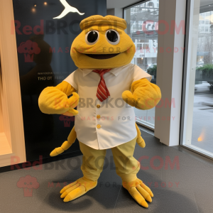 Gold Crab mascot costume character dressed with a Dress Shirt and Mittens