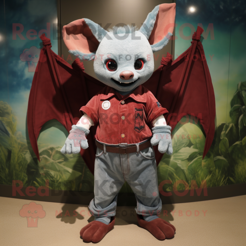 Maroon Bat mascot costume character dressed with a Denim Shorts and Wraps Maroon Bat mascot costume character dressed with a Denim Shorts and Wraps