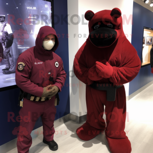 Maroon Navy Seal mascot costume character dressed with a Cover-up and Watches