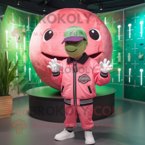 Pink Watermelon mascot costume character dressed with a Bomber Jacket and Hats