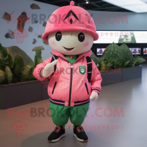 Pink Watermelon mascot costume character dressed with a Bomber Jacket and Hats