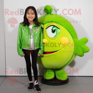 Lime Green Mango mascot costume character dressed with a Moto Jacket and Hair clips