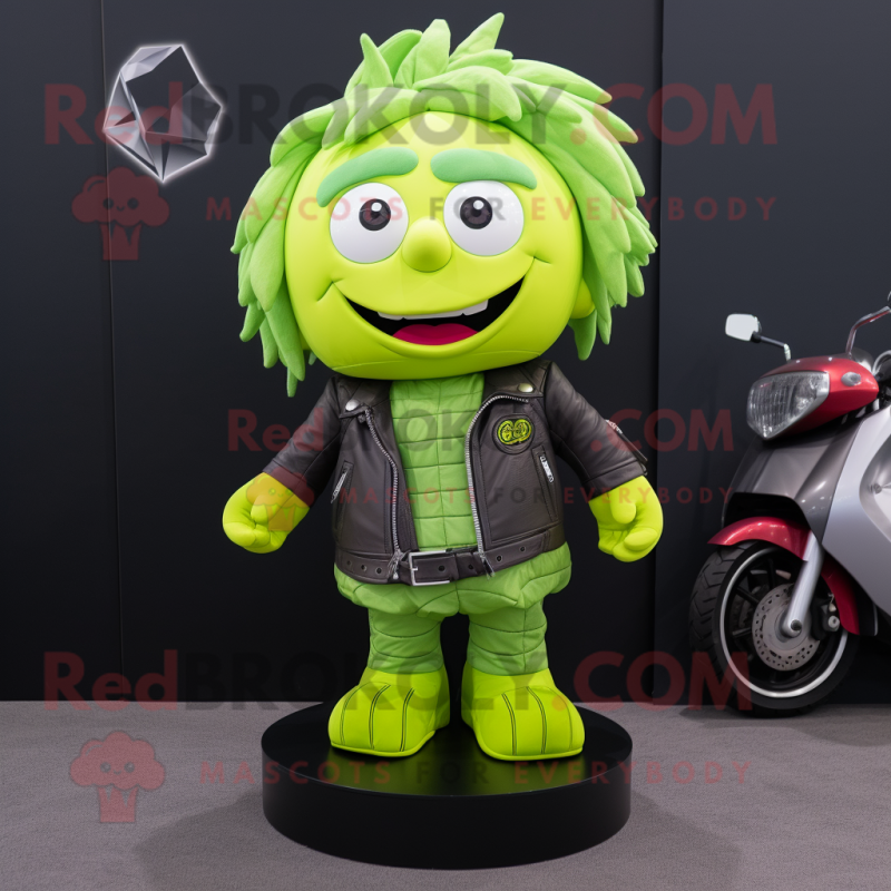 Lime Green Mango mascot costume character dressed with a Moto Jacket and Hair clips