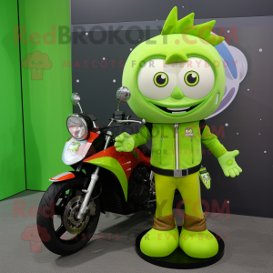 Lime Green Mango mascot costume character dressed with a Moto Jacket and Hair clips