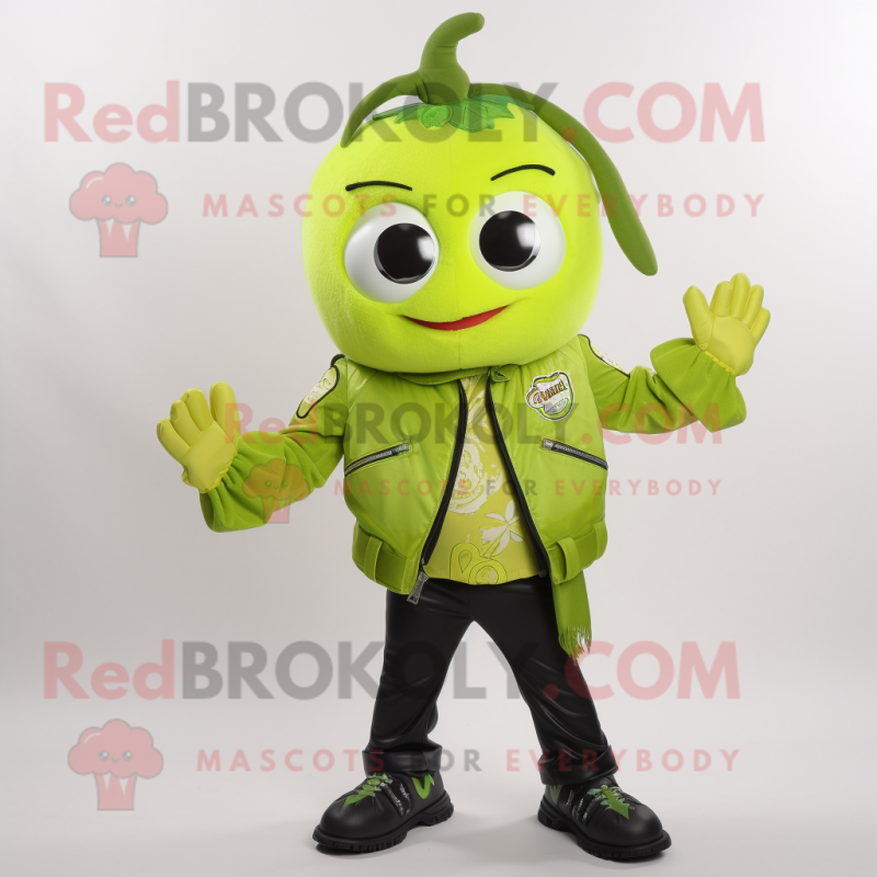 Lime Green Mango mascot costume character dressed with a Moto Jacket and Hair clips