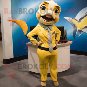 Gold Swordfish mascot costume character dressed with a Pencil Skirt and Ties