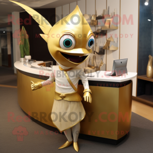 Gold Swordfish mascot costume character dressed with a Pencil Skirt and Ties