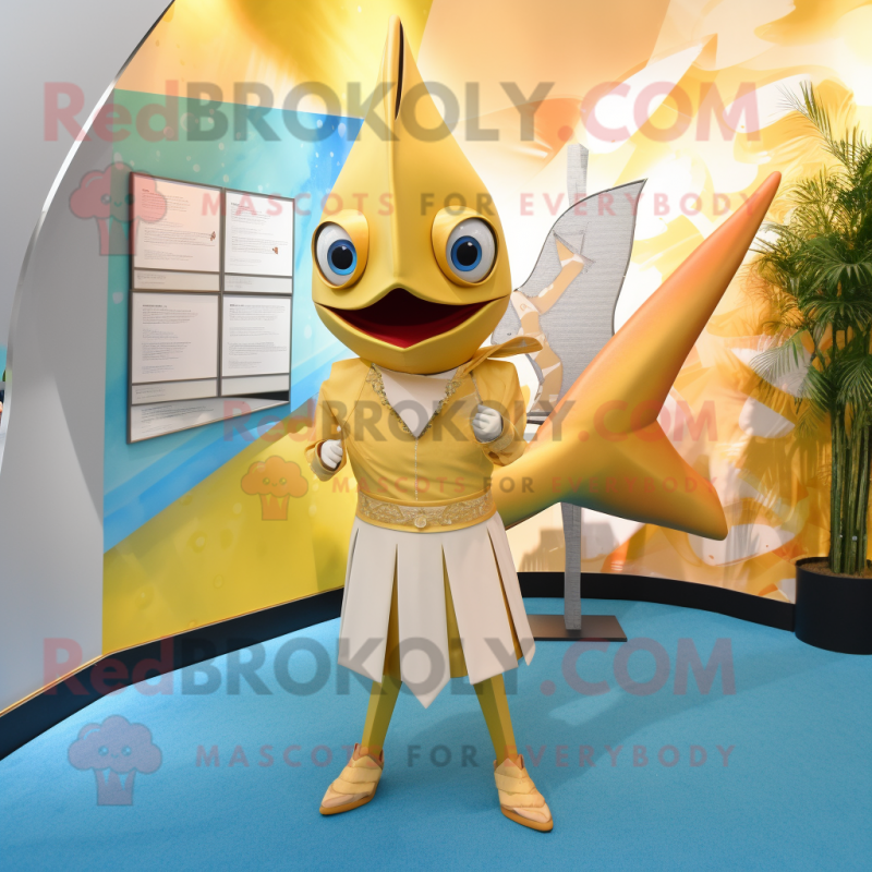 Gold Swordfish mascot costume character dressed with a Pencil Skirt and Ties