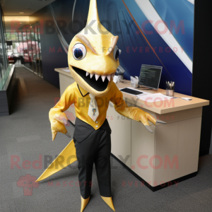 Gold Swordfish mascot costume character dressed with a Pencil Skirt and Ties