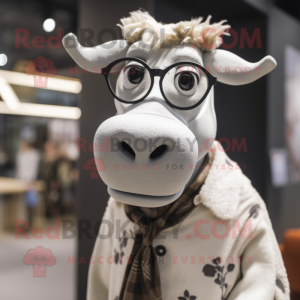 Silver Jersey Cow mascot costume character dressed with a Coat and Eyeglasses