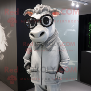 Silver Jersey Cow mascot costume character dressed with a Coat and Eyeglasses