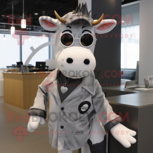 Silver Jersey Cow mascot costume character dressed with a Coat and Eyeglasses