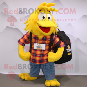 Yellow Rooster mascot costume character dressed with a Flannel Shirt and Backpacks