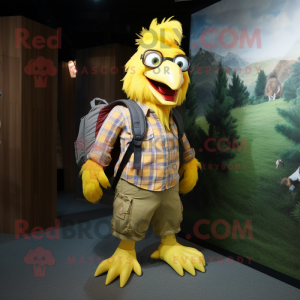 Yellow Rooster mascot costume character dressed with a Flannel Shirt and Backpacks