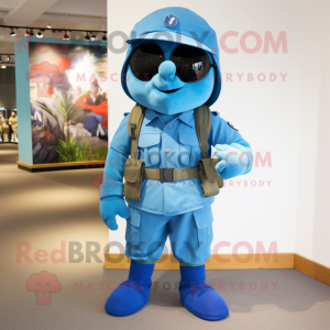 Blue Army Soldier mascot costume character dressed with a Bermuda Shorts and Belts