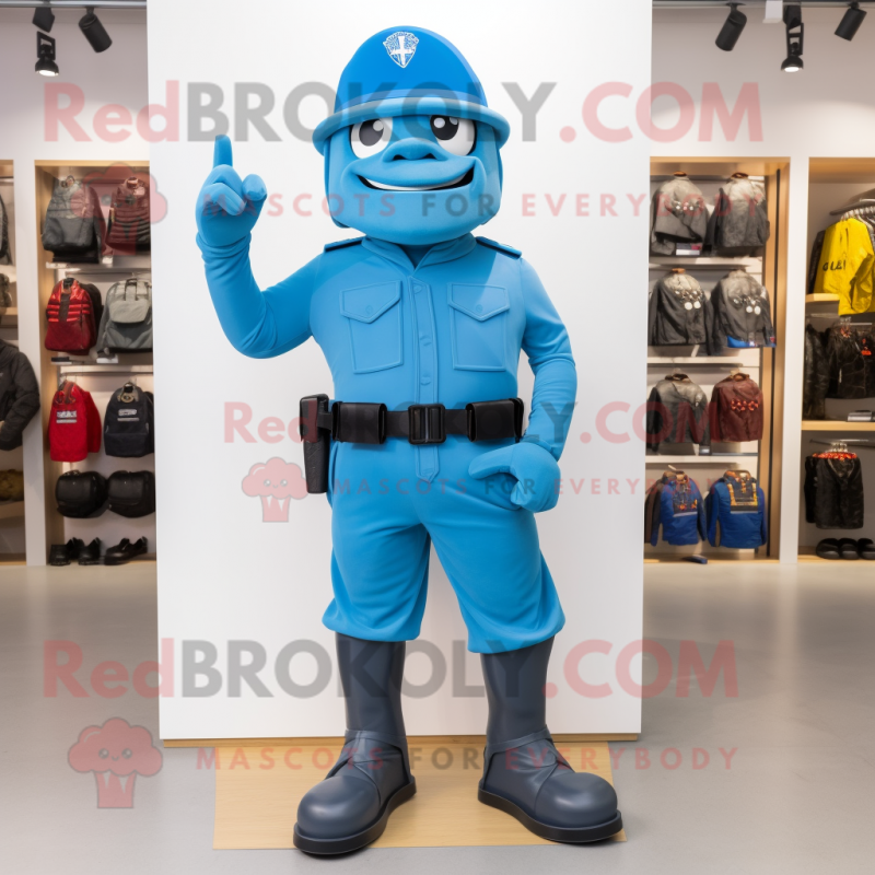 Blue Army Soldier mascot costume character dressed with a Bermuda Shorts and Belts Blue Army Soldier mascot costume character dressed with a Bermuda Shorts and Belts
