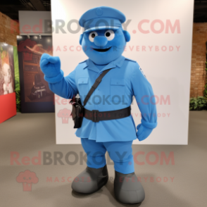 Blue Army Soldier mascot costume character dressed with a Bermuda Shorts and Belts