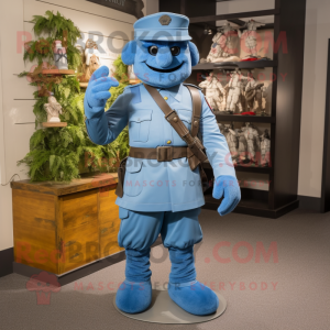 Blue Army Soldier mascot costume character dressed with a Bermuda Shorts and Belts