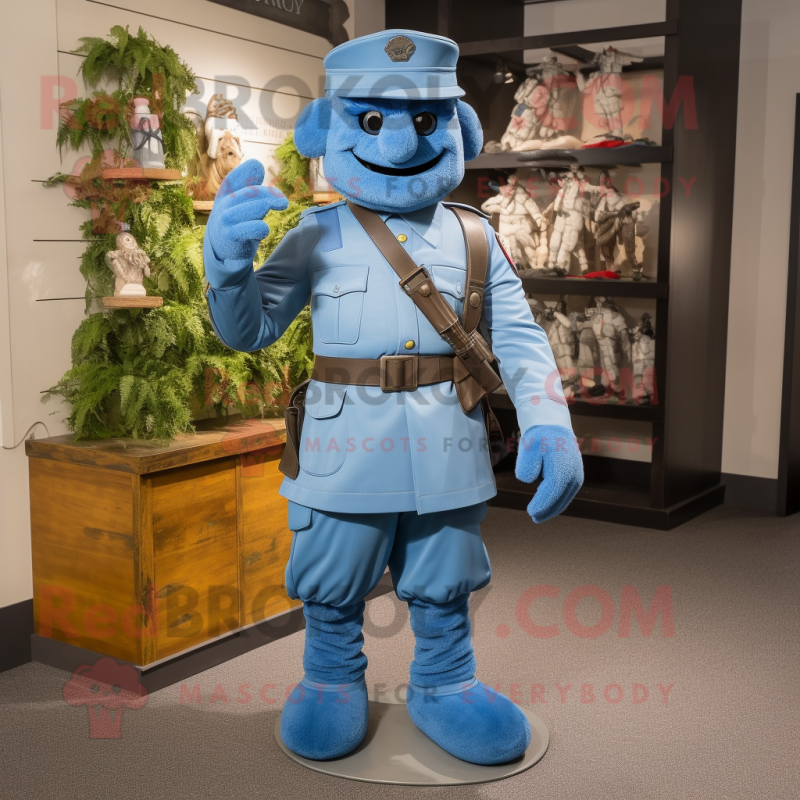 Blue Army Soldier mascot costume character dressed with a Bermuda Shorts and Belts