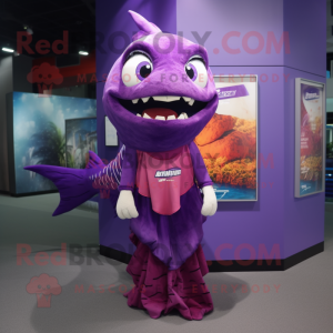 Purple Barracuda mascot costume character dressed with a A-Line Dress and Keychains