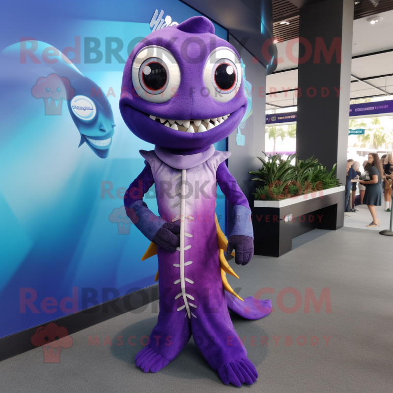 Purple Barracuda mascot costume character dressed with a A-Line Dress and Keychains